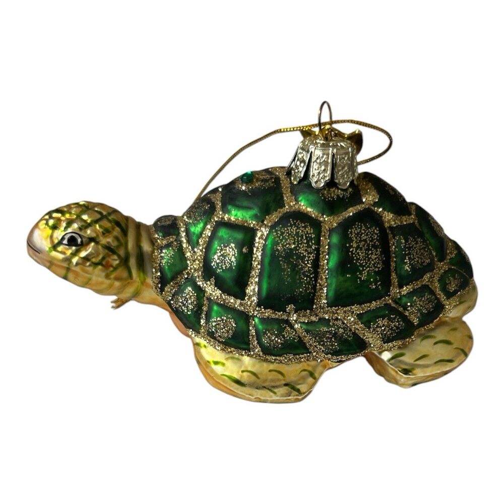 Kurt Adler Turtle Blown Glass Christmas Ornament Green Gold Glitter 3-3/4x2-1/4"